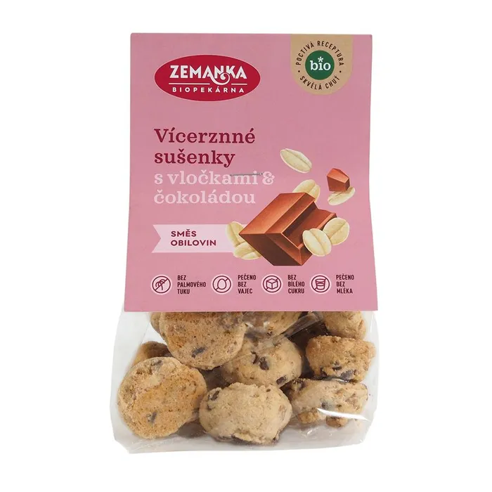 Biopekárna Zemanka Vícezrnné bio sušenky s vločkami a čokoládou 100g BIO